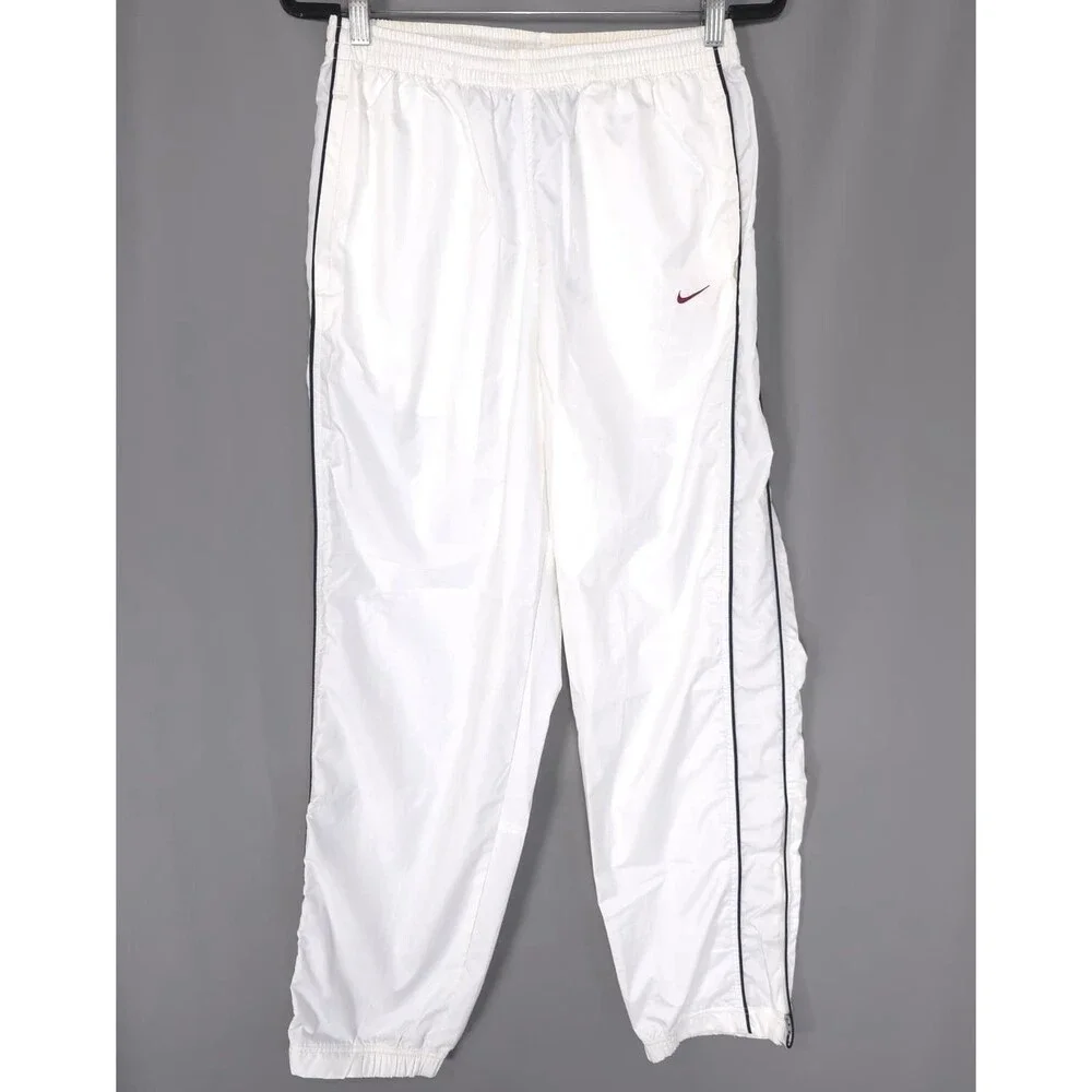 NIKE Men’s MEDIUM Track Pants VINTAGE 90s White Spellout Swoosh Zip Ankle